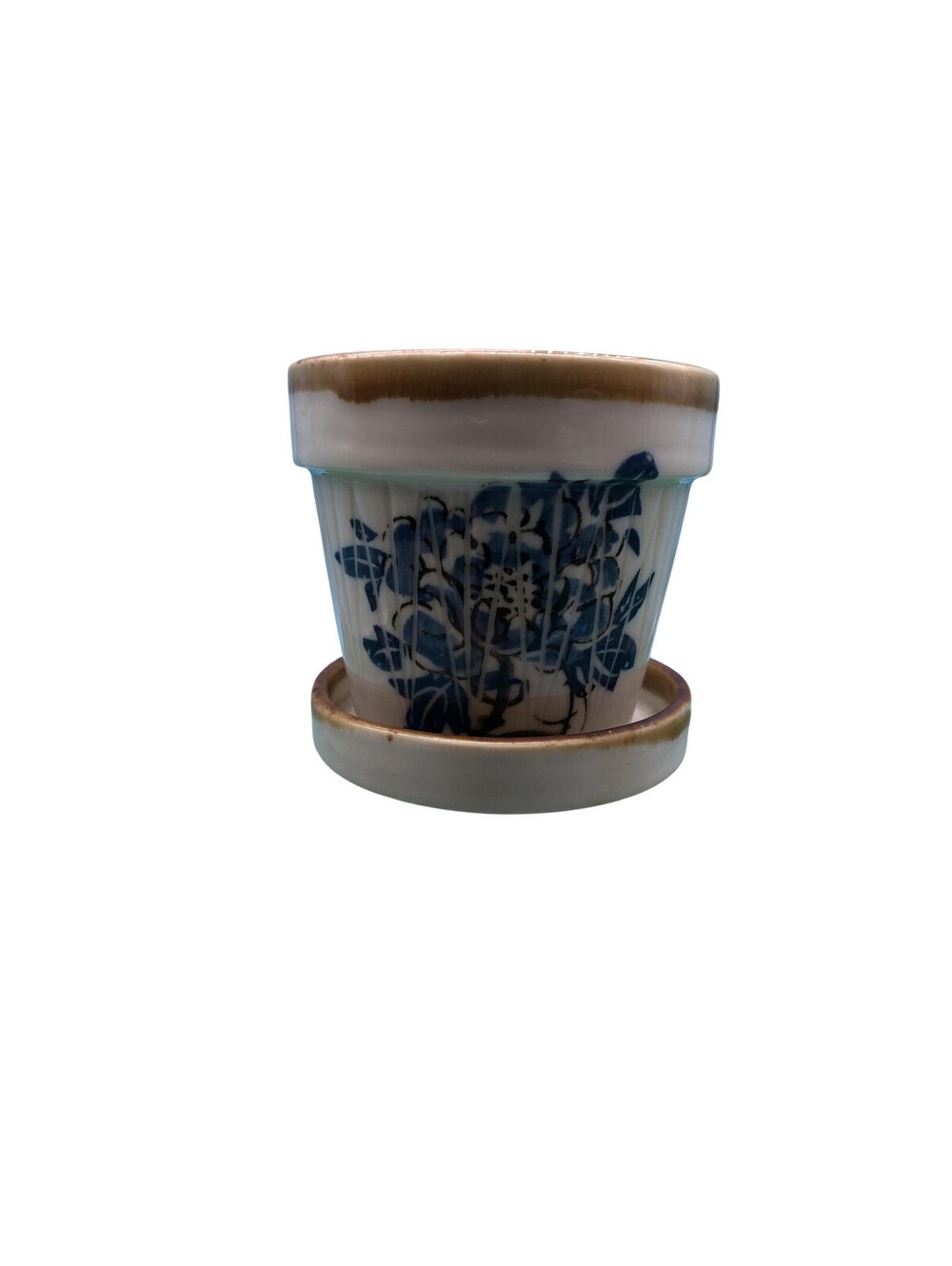 White Blue Glaze Ceramic Flower Pot Small Planter Saucer Japan Decor